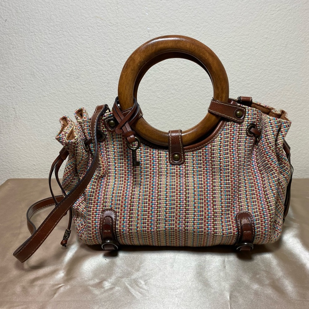 Fossil Vintage Wood Handles Multicolor Woven Straw Beautiful Cross Body Handbag